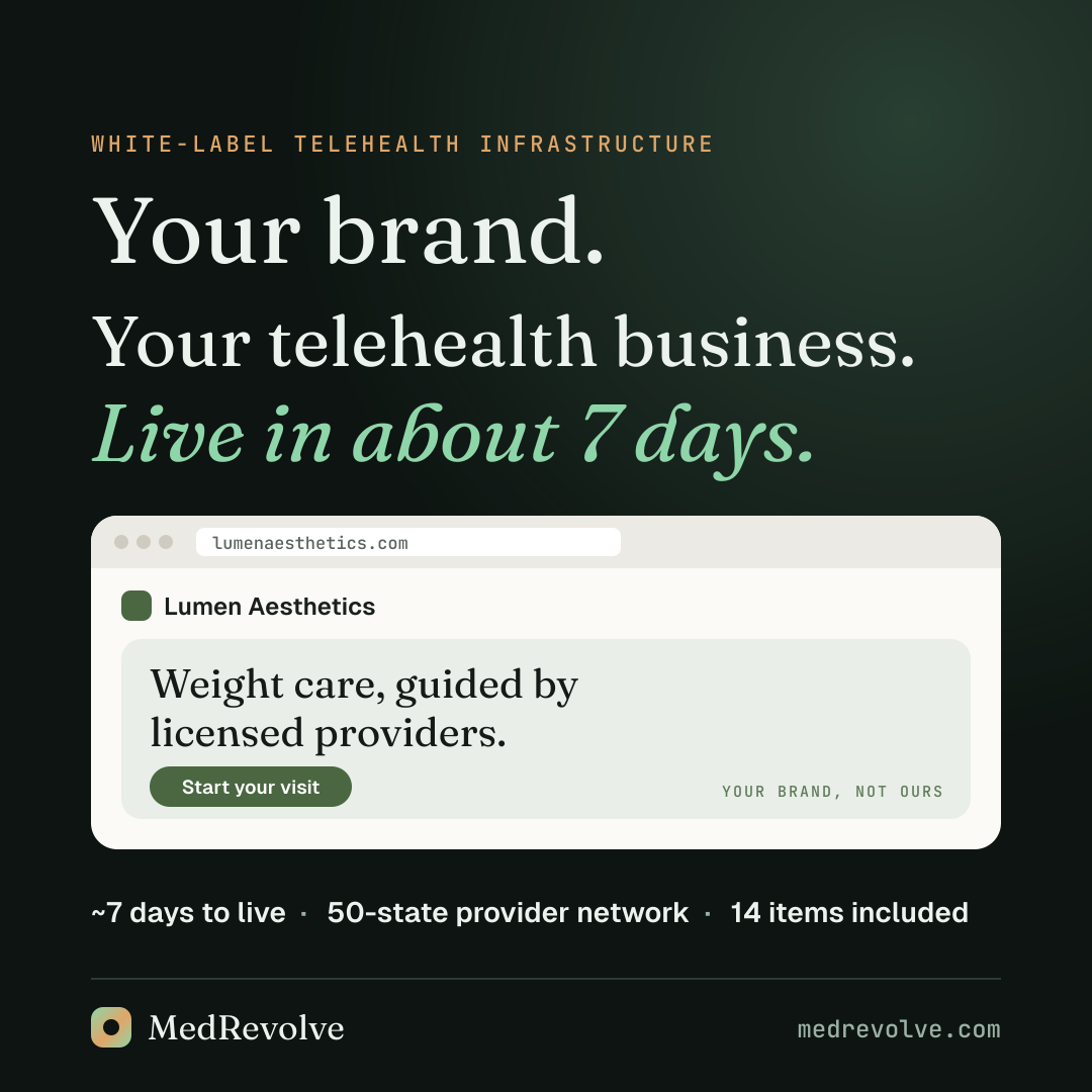 Headline "Your brand. Your telehealth business. Live in about 7 days." above a white-label storefront preview for a sample brand, Lumen Aesthetics.